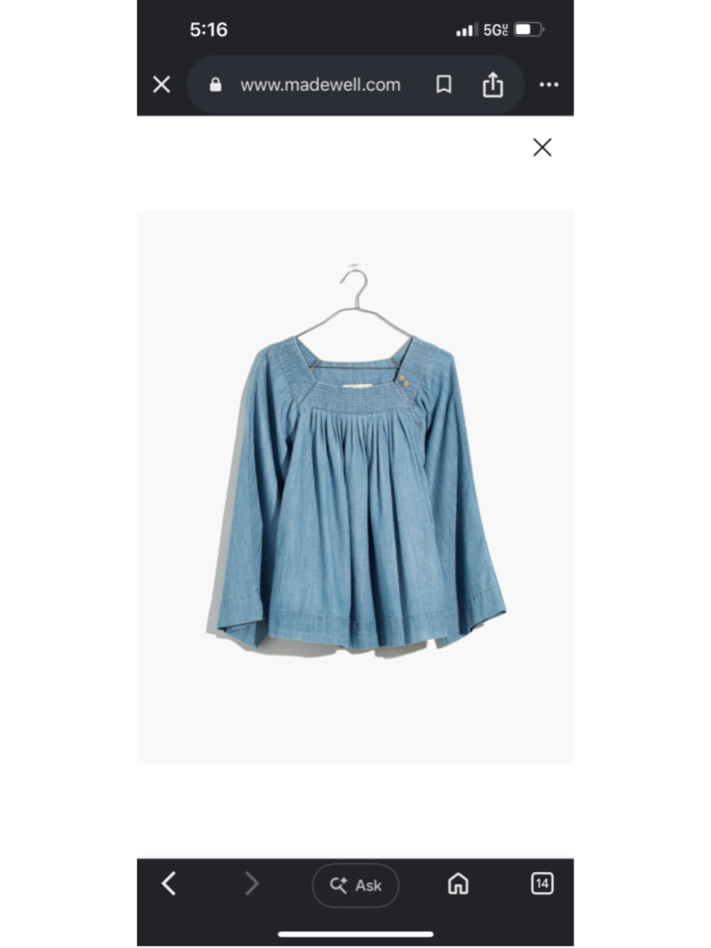 Madewell Square Neck Light Blue Cotton Lyocell Denim Peasant Top Women’s Small - Picture 2 of 6